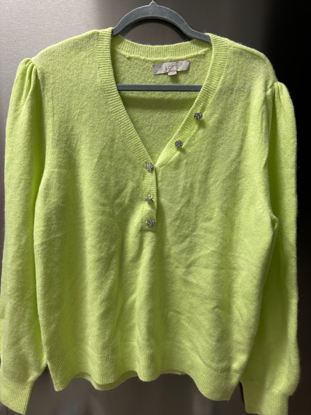 LOFT Neon Lime V-Neck Sweater with Rhinestone Buttons